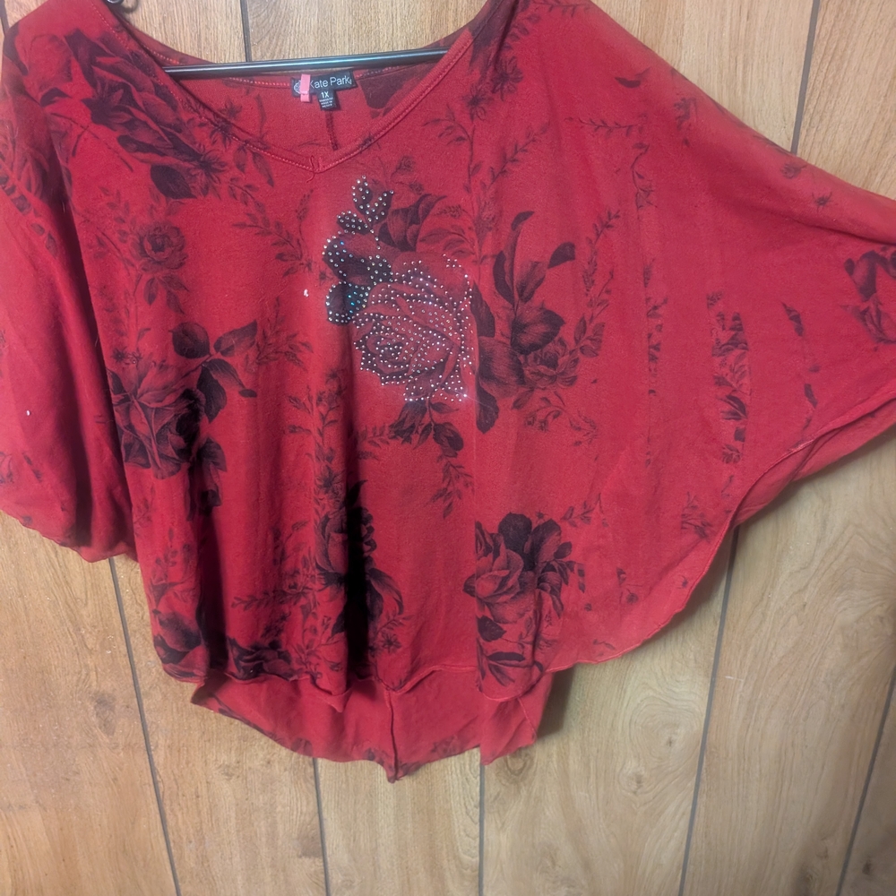 Kate Park Red Floral Blouse with Rhinestone Accents